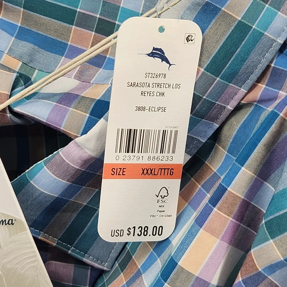 Tommy Bahama Sarasota‎ Stretch Los Reyes Plaid Shirt XXXL Eclipse ST326978 NEW